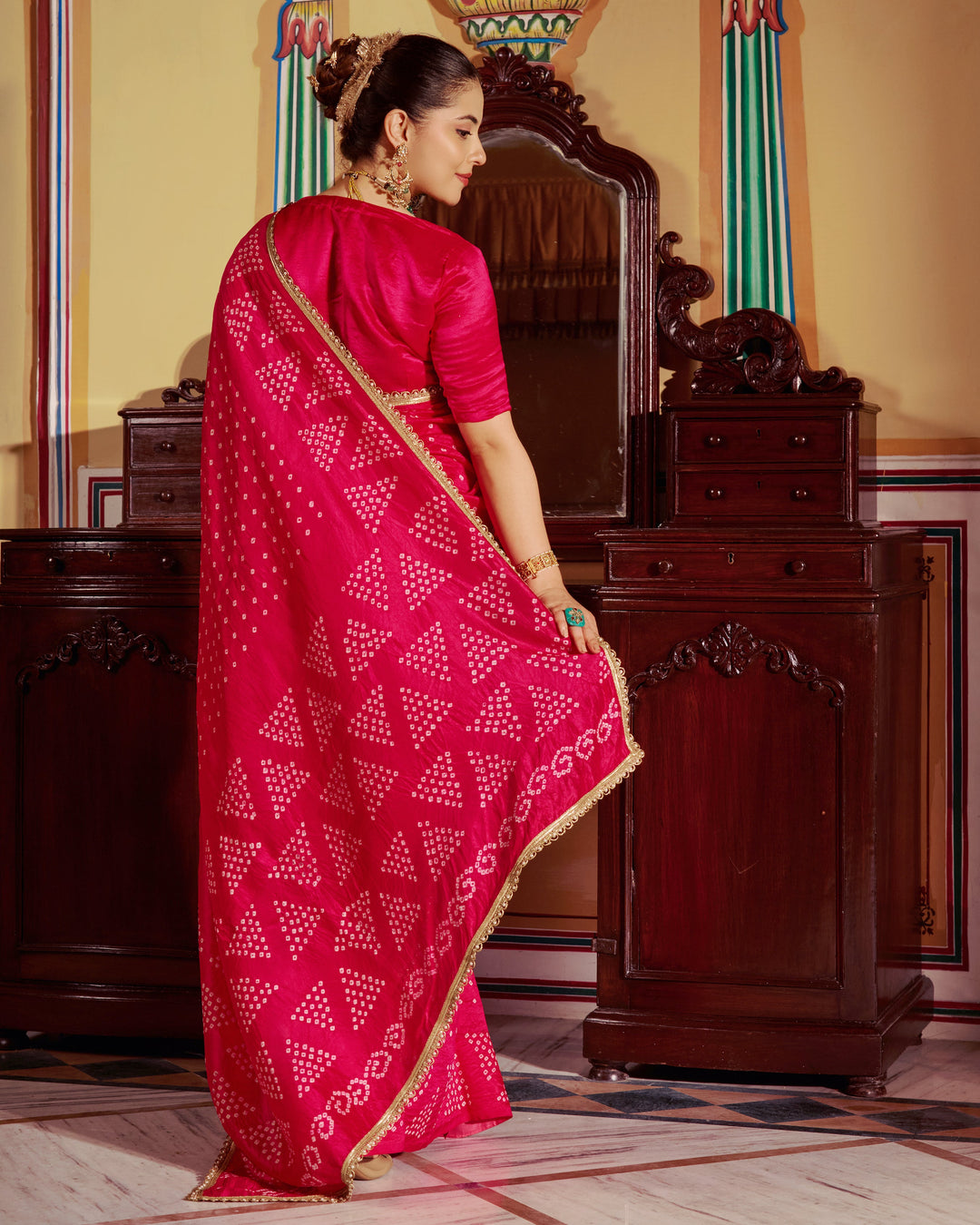 Rangika Pink Bandhej Silk Saree
