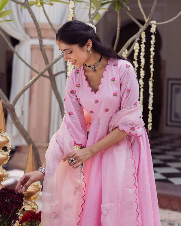 Candy Charm Pink Embroidered Cotton Suit Set