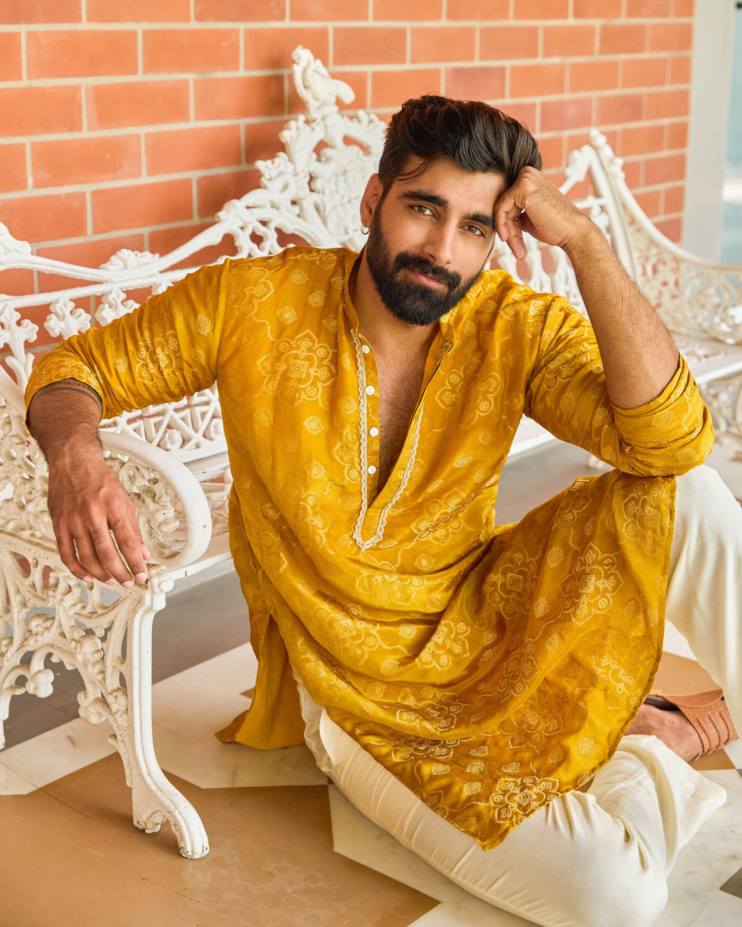 Sanjay Mustard Jacquard Kurta