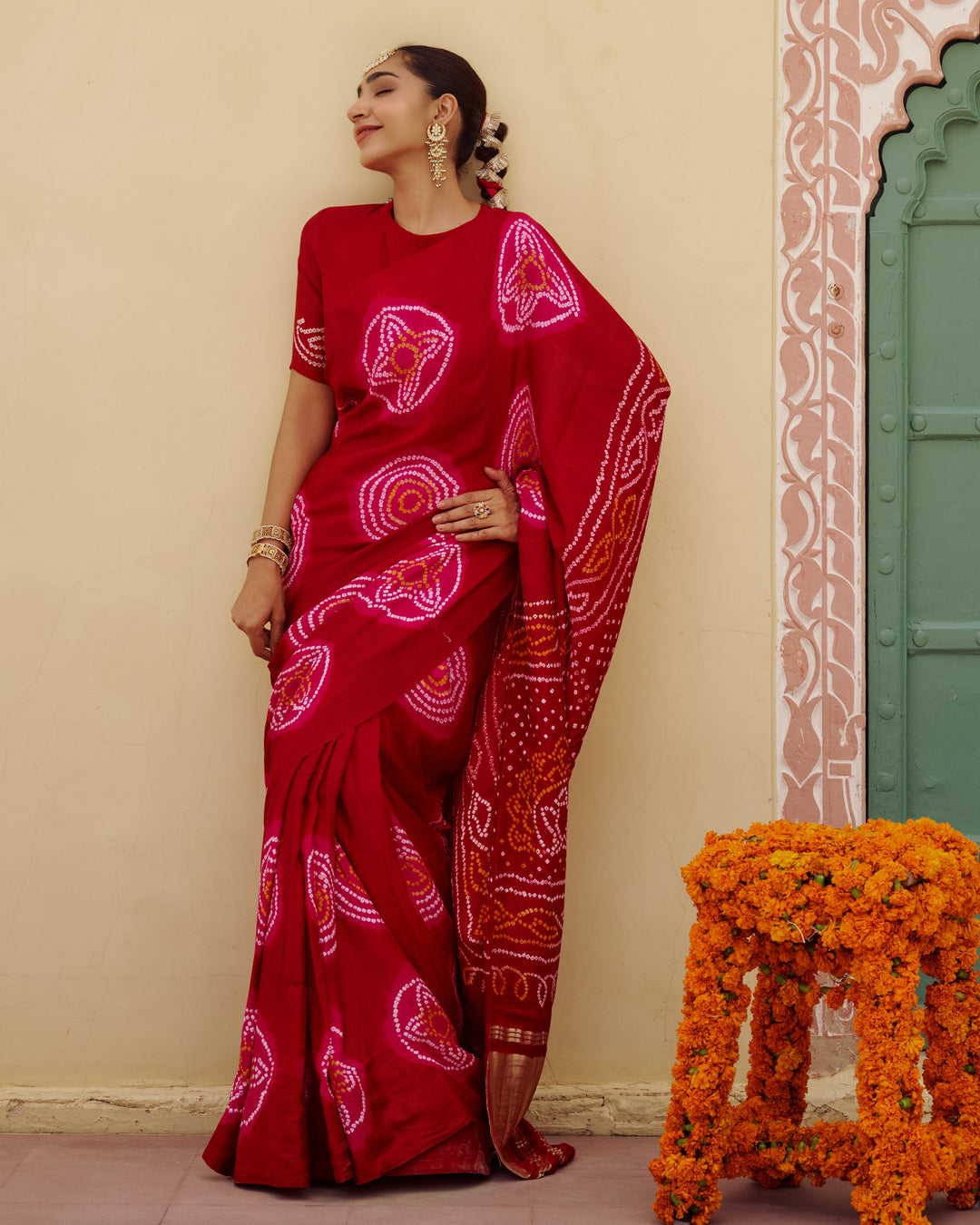 Maru Red Bandhej Silk Saree