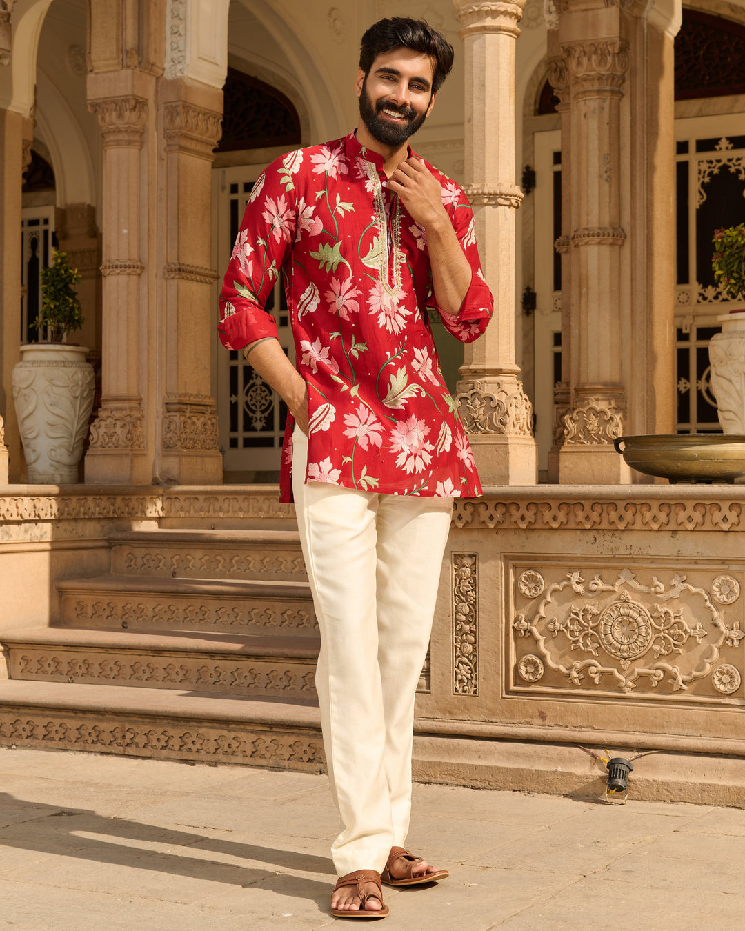 Ekam Red Printed Chanderi Kurta