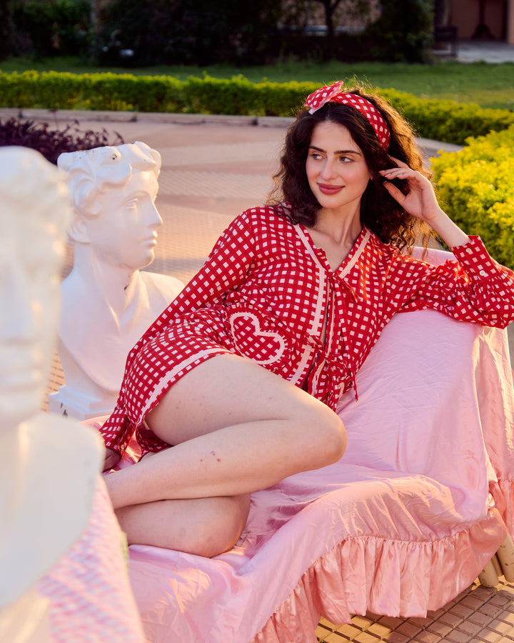 Clarion Red Cotton Checks Printed Loungewear