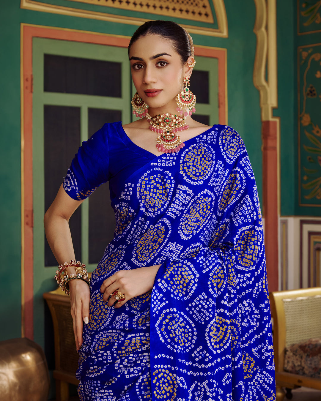 Phuhar Blue Bandhej Silk Saree