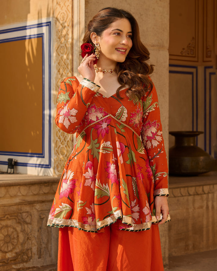 Mehar Orange Printed Chanderi Suit Set
