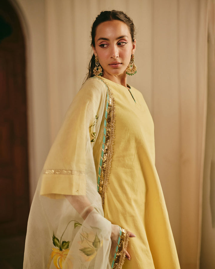 Vara Yellow Handpainted Cotton Suit Set
