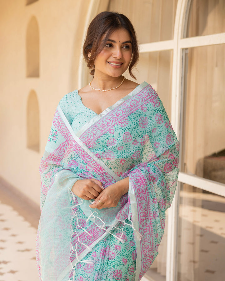 Kamalini Sea Green Doria Printed Saree