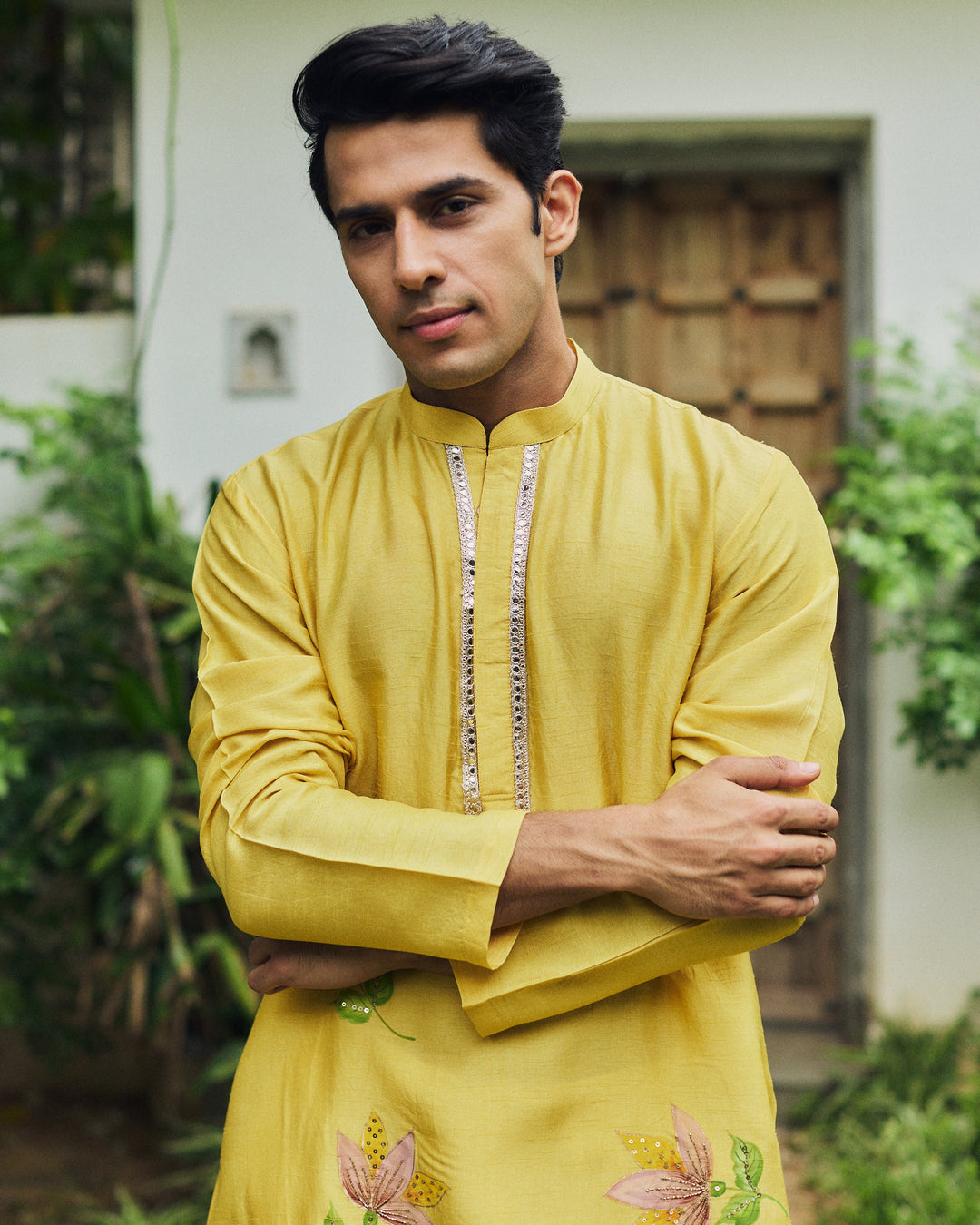 Aurev Yellow Handpainted Silk Kurta