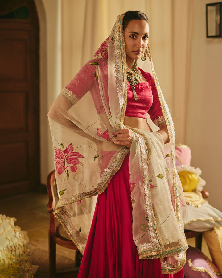 Kalvani Pink Handpainted Satin Lehenga Set