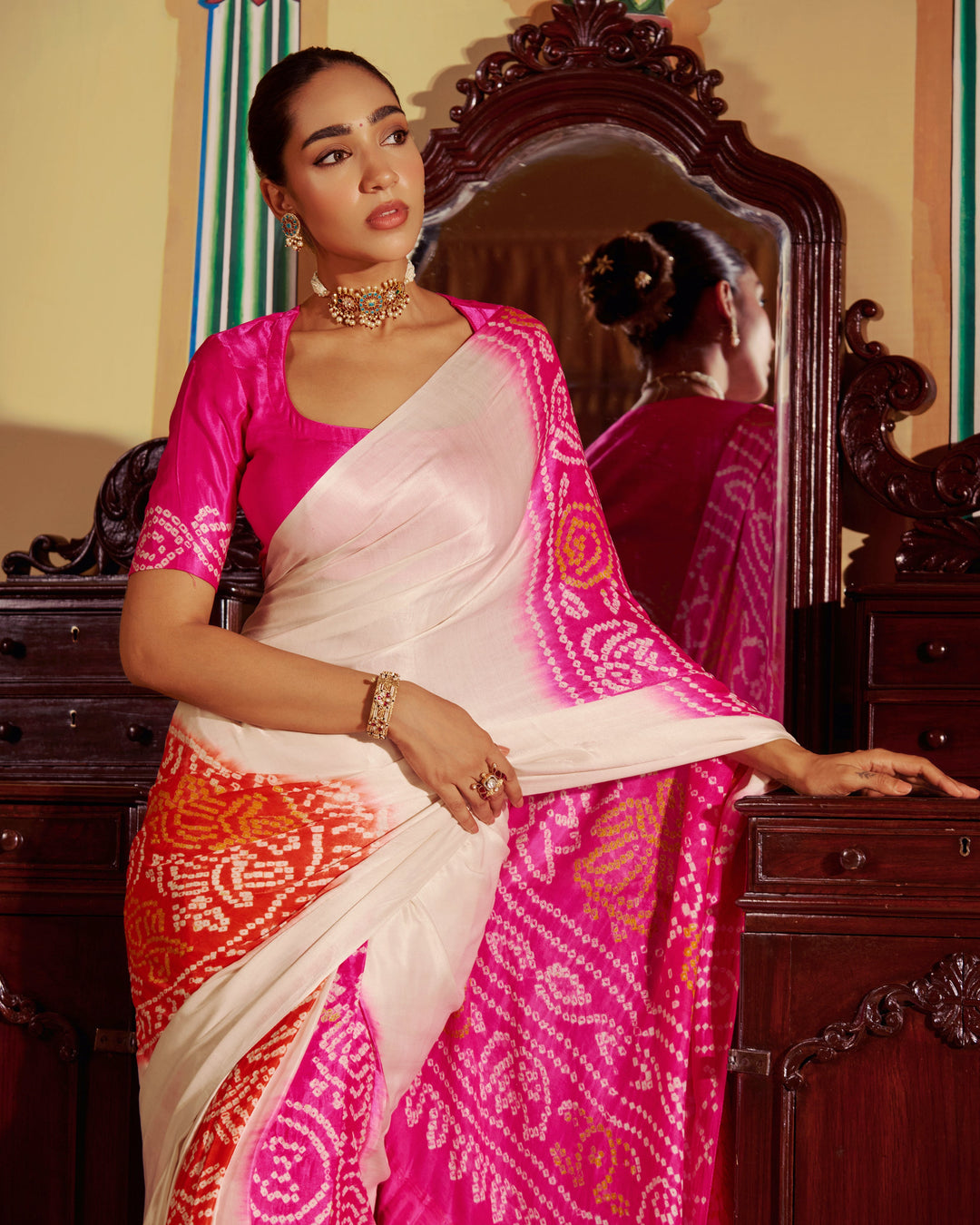 Dhun White Kajol Bandhej Silk Saree