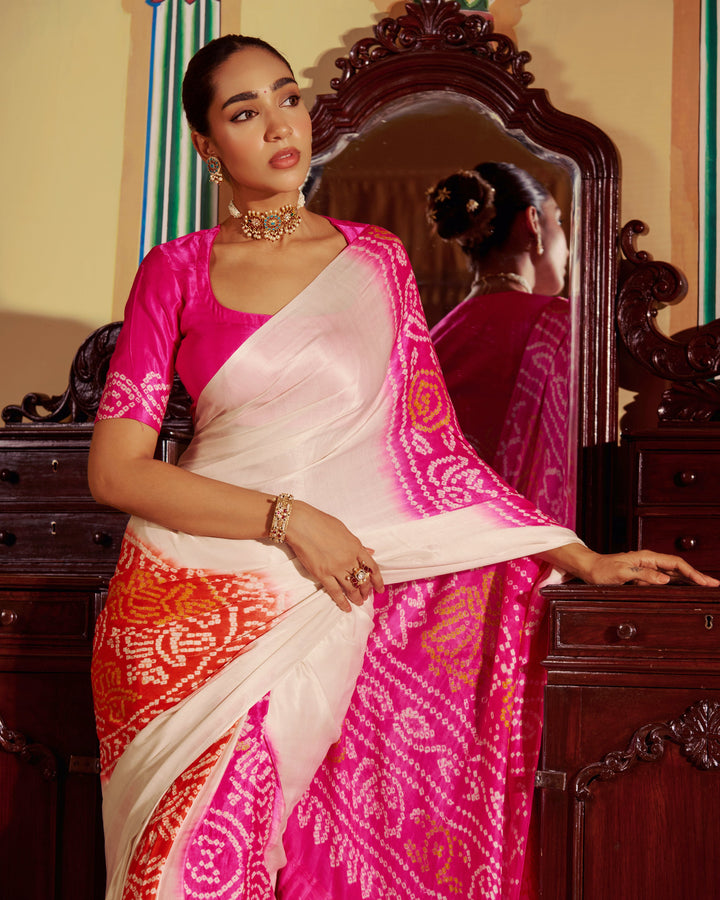 Dhun White Kajol Bandhej Silk Saree