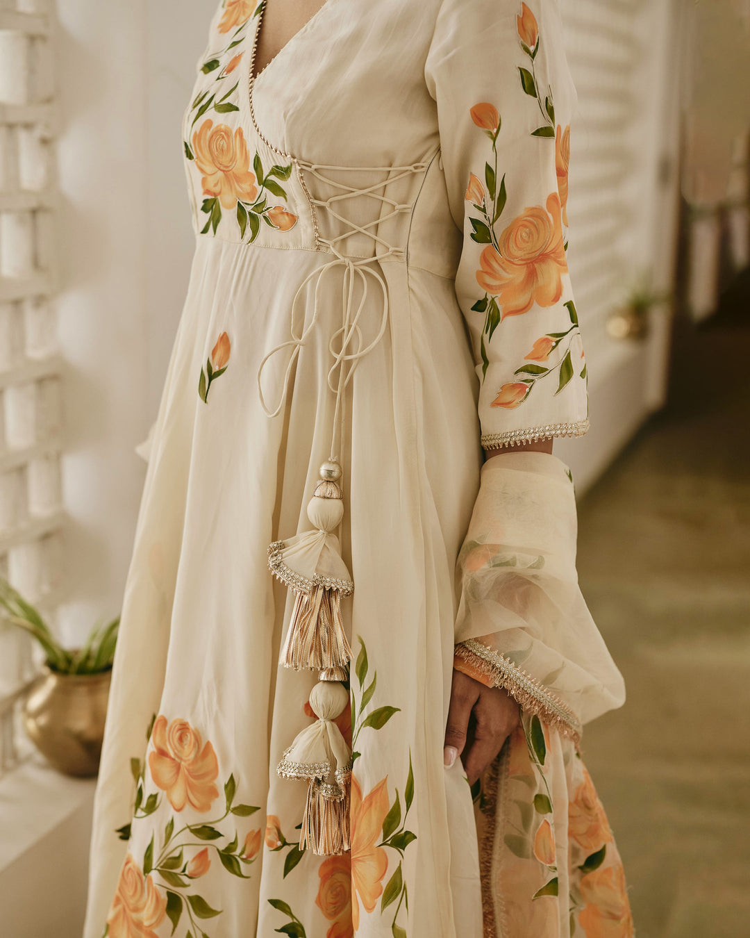 Neyra Ivory Handpainted Viscose Organza Suit Set