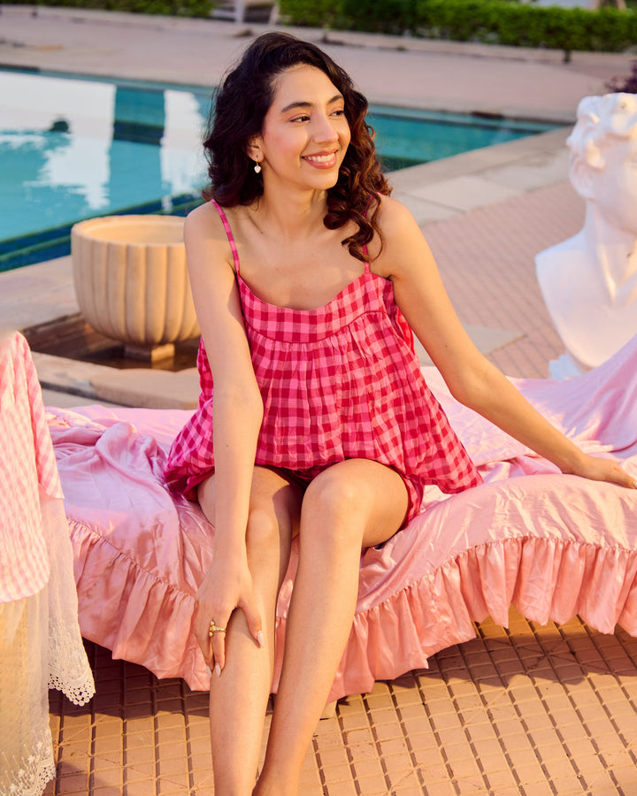 Cara Magenta Cotton Checks Loungewear