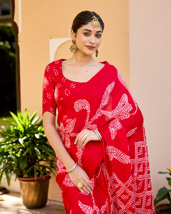Kumkum Red Gajji Silk Bandhej Saree