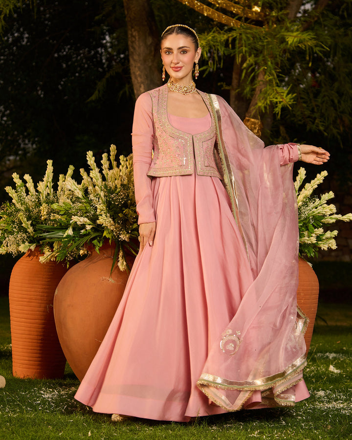 Aadhya Light Pink Embroidered Chanderi Suit Set