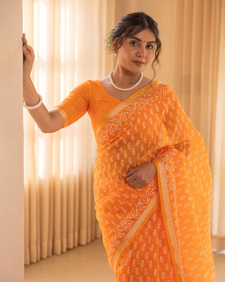 Kuru Mustard Doria Printed Saree