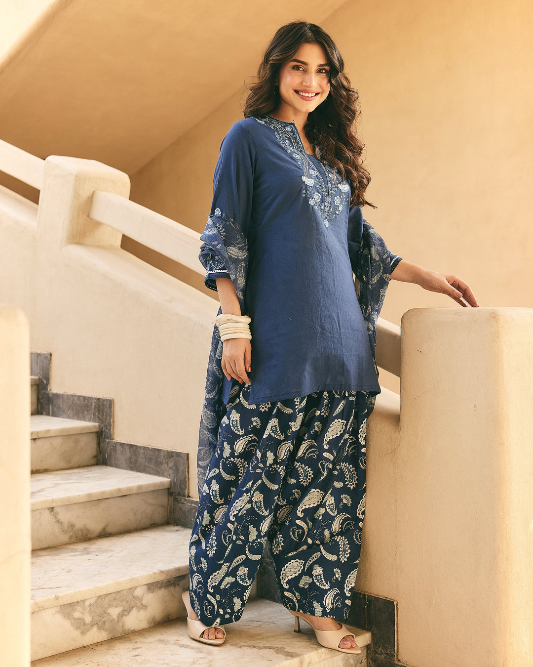 Nella Blue Cotton Printed Farsi Salwar Set