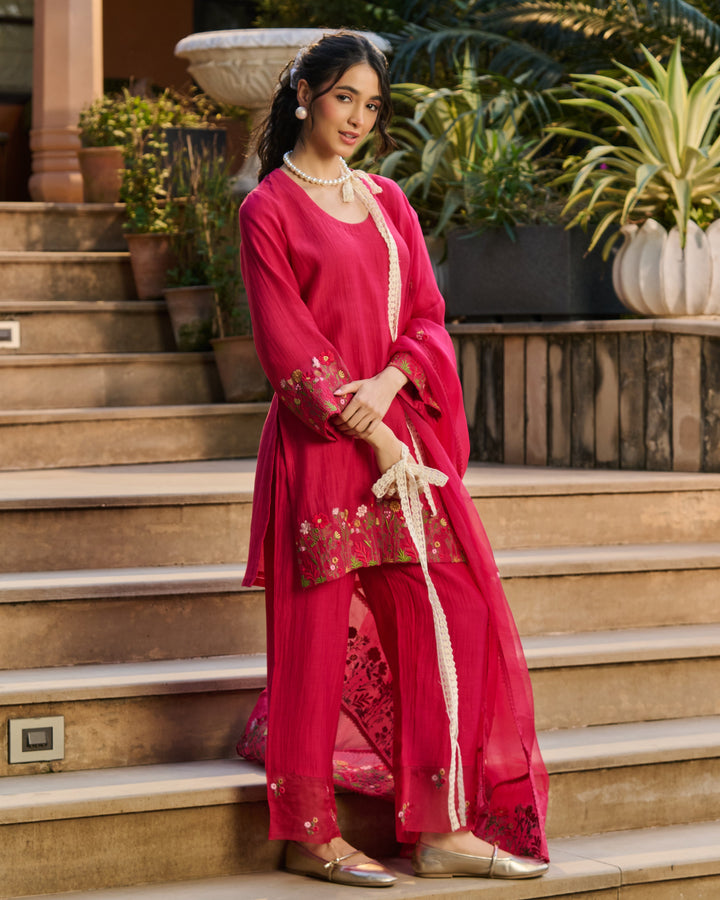 Taru Pink Embroidered Chanderi Suit Set