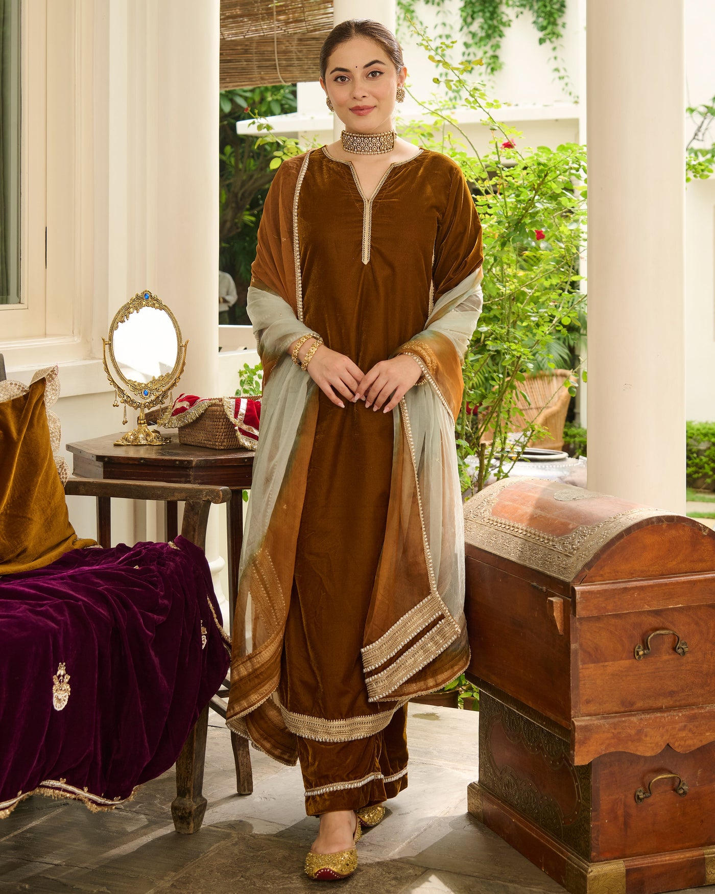 Shaili Mustard Solid Velvet Suit Set