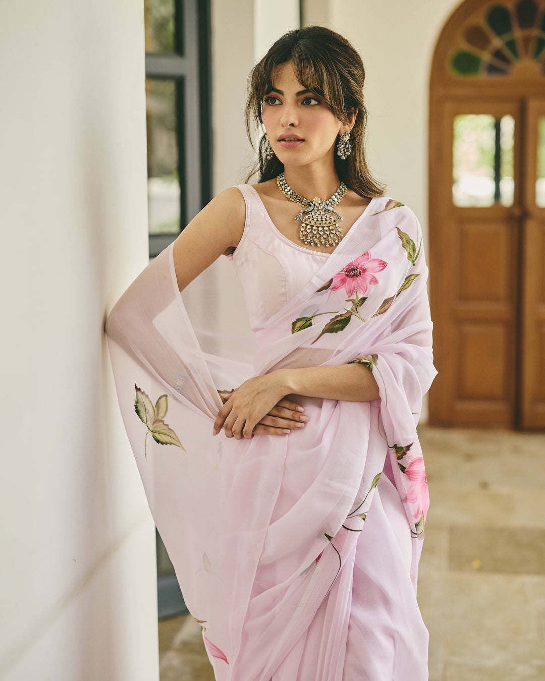 Vine Pink Handpainted Chiffon Saree