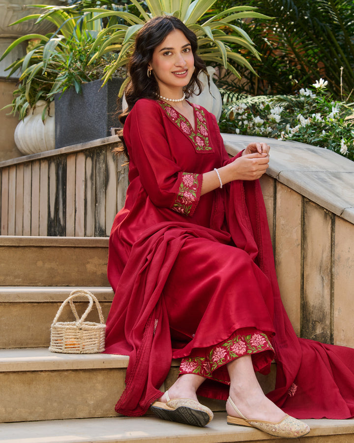Solar Maroon Embroidered Roman Silk Suit Set
