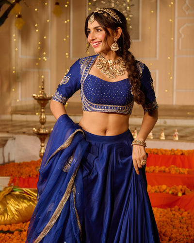 Kanika Blue Solid Chanderi Lehenga Set