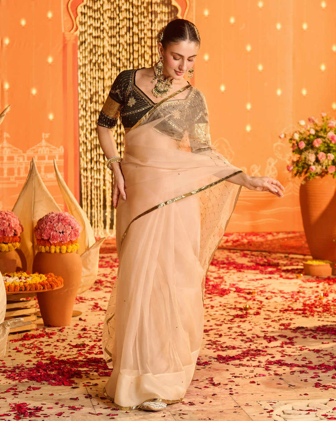 Amaira Black Embroidered Satin Aangi Blouse And Saree