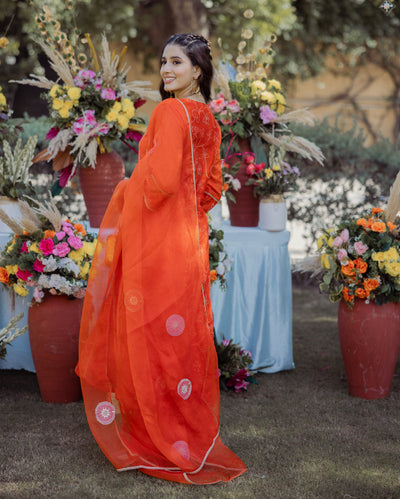 Saumya Orange Bandhani Chanderi Suit Set