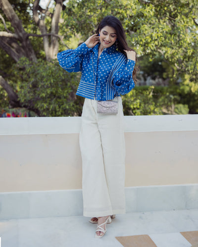 Heer Blue Bandhani Chanderi Shirt