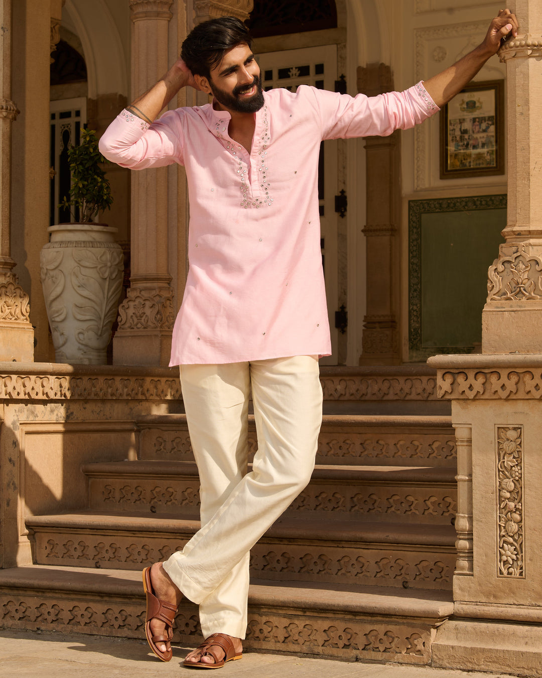 Samar Pink Embroidered Chanderi Solid Kurta