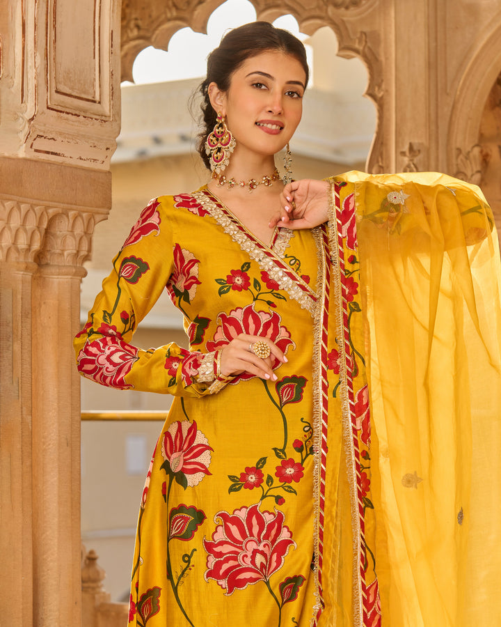 Sana Mustard Printed Chanderi Suit Set
