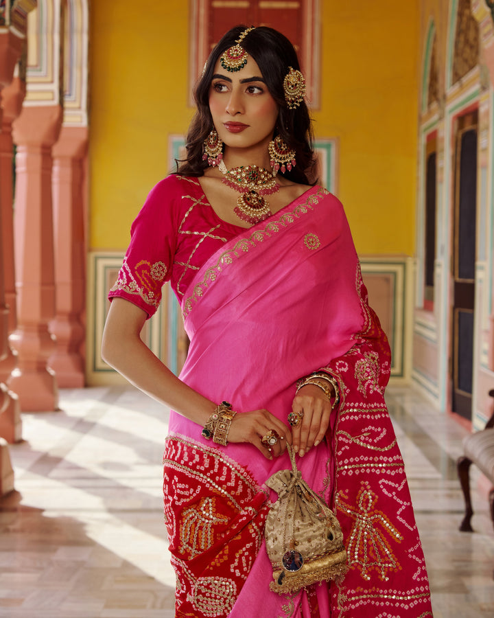 Boond Pink Embroidered Kajol Bandhej Silk Saree