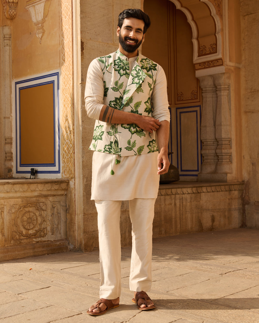 Omkar Grey Printed Chanderi Jacket And Kurta Set