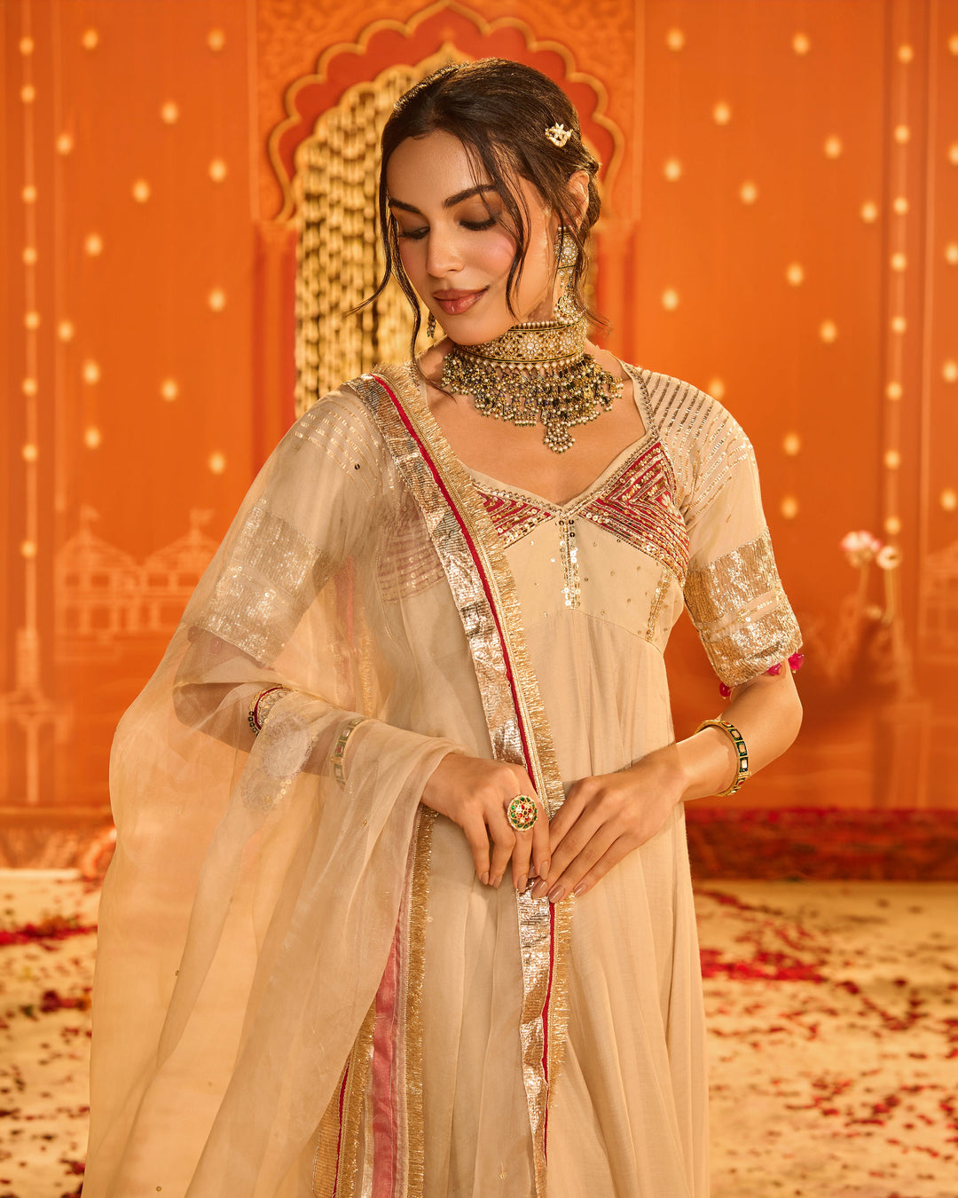 Navdurga Beige Embroidered Chanderi Aangi Suit Set