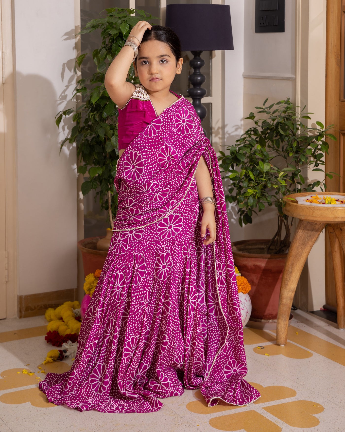 Mahi Purple Bandhani Crepe Pre Draped Saree