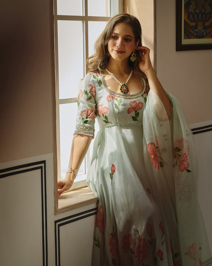 Varaz Blue Handpainted Viscose Organza Suit Set