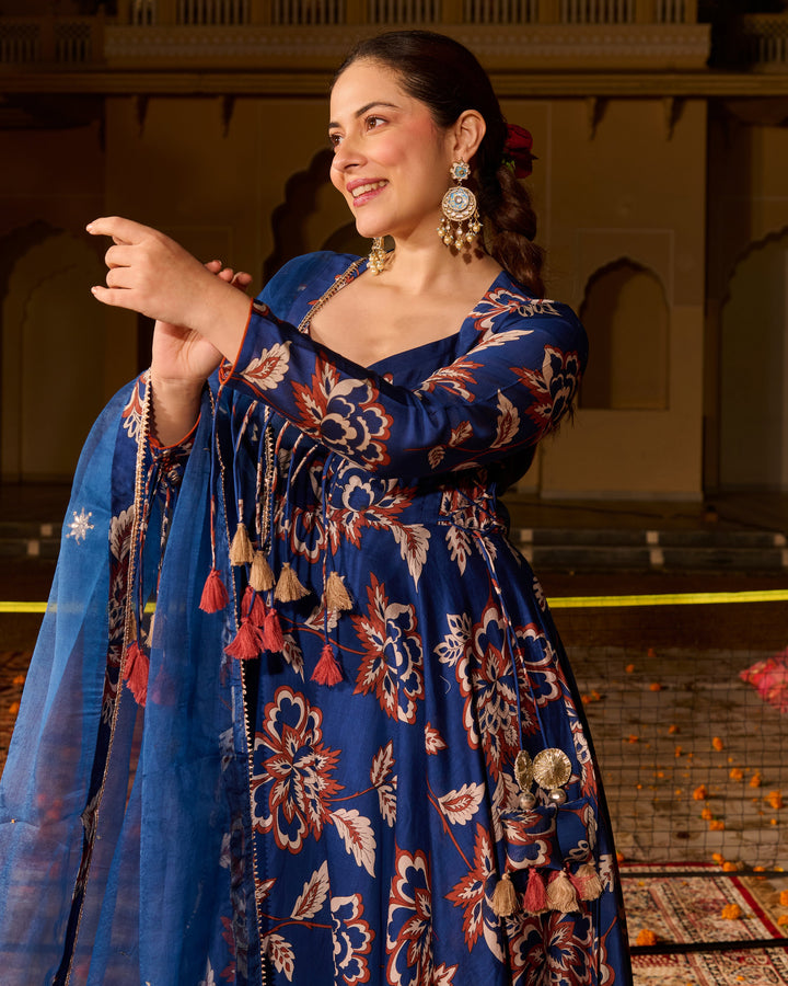 Saba Blue Printed Chanderi Suit Set
