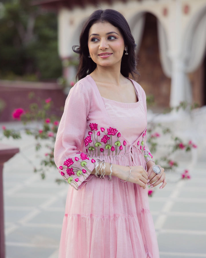 Flowy Pink Embroidered Doria Coord Set