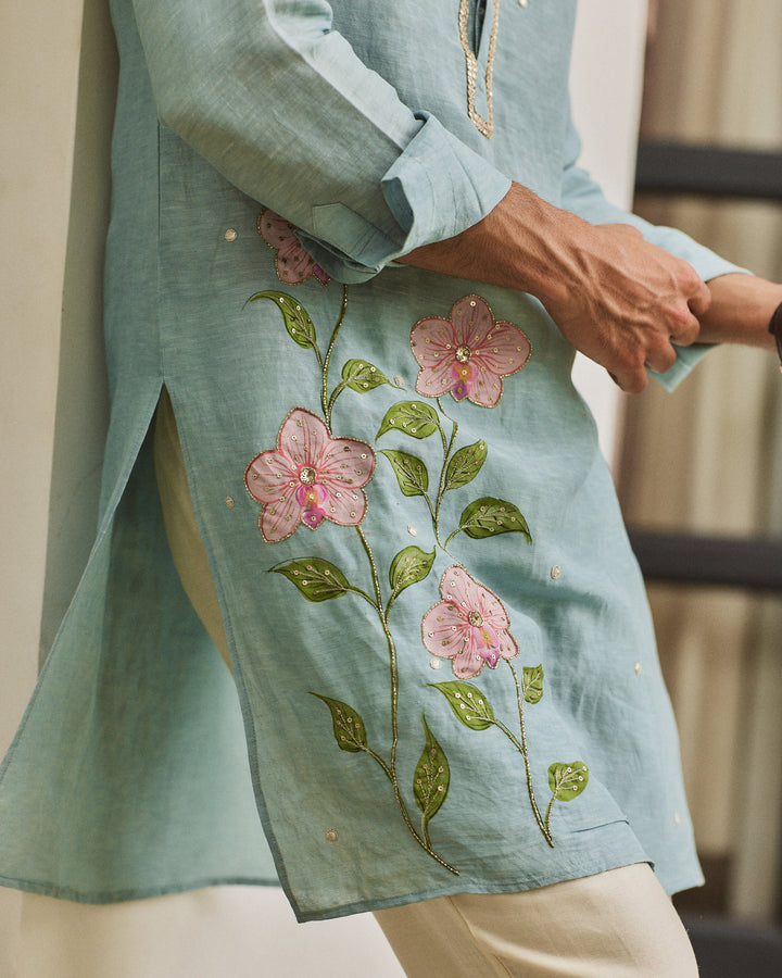 Zevran Blue Handpainted Silk Kurta