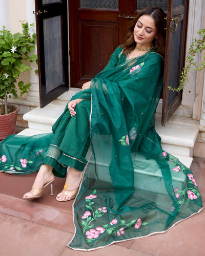 Tulsi Bottle Green Handpainted Chanderi Suit Set