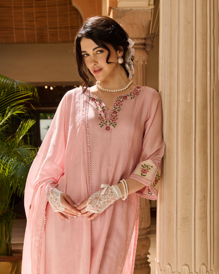Reni Pink Embroidered Chanderi Suit Set