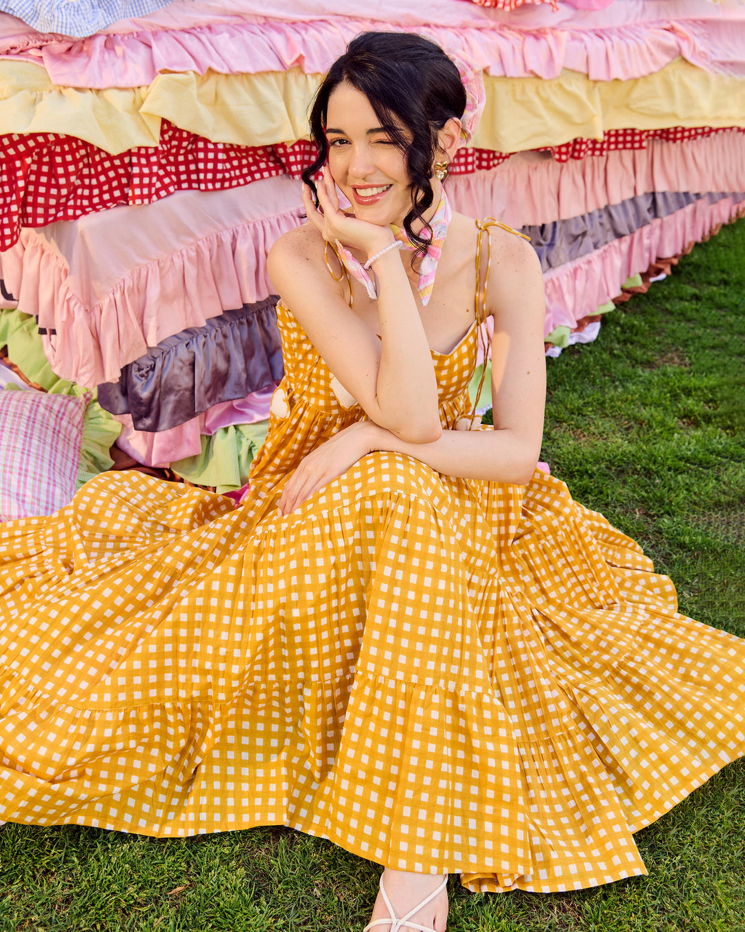 Ulfat Mustard Cotton Checks Printed Dress