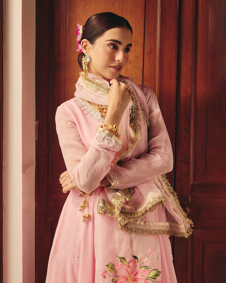 Kalpini Pink Handpainted Viscose Organza Suit Set