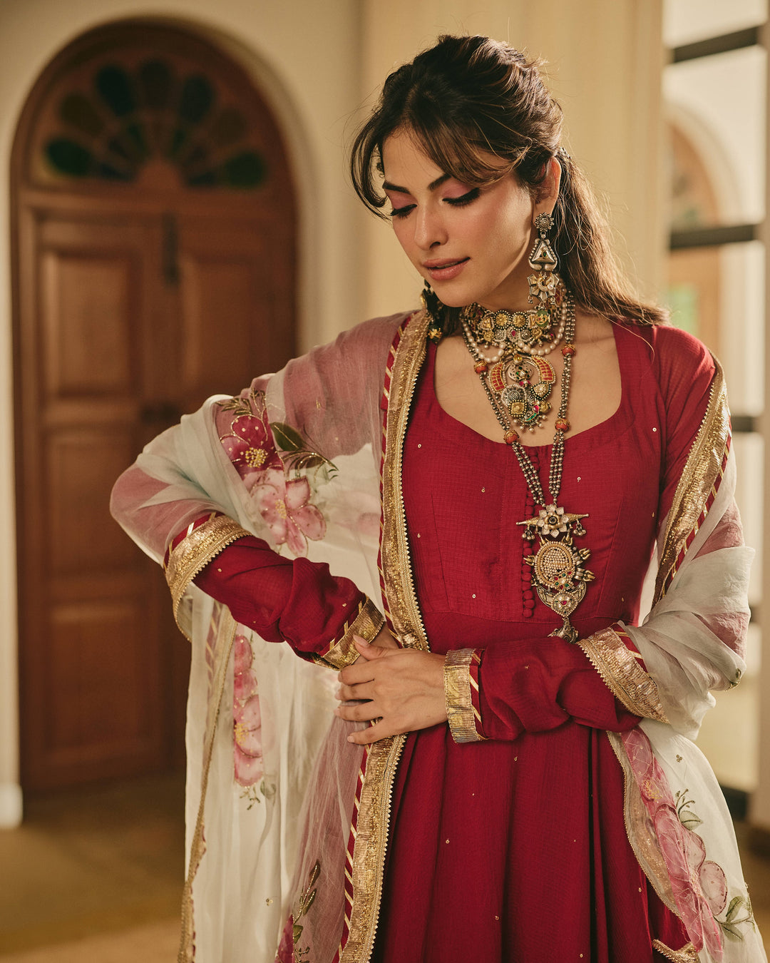 Chitrangi Maroon Handpainted Cotton Checks Suit Set