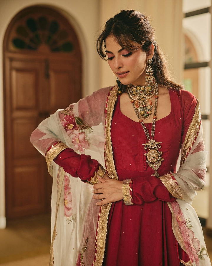 Chitrangi Maroon Handpainted Cotton Checks Suit Set