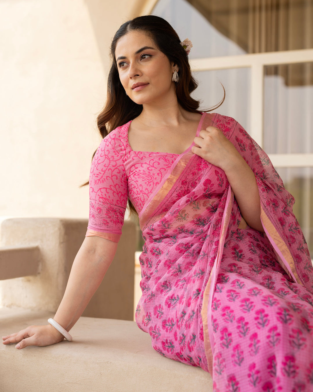 Rose Pink Doria Printed Saree
