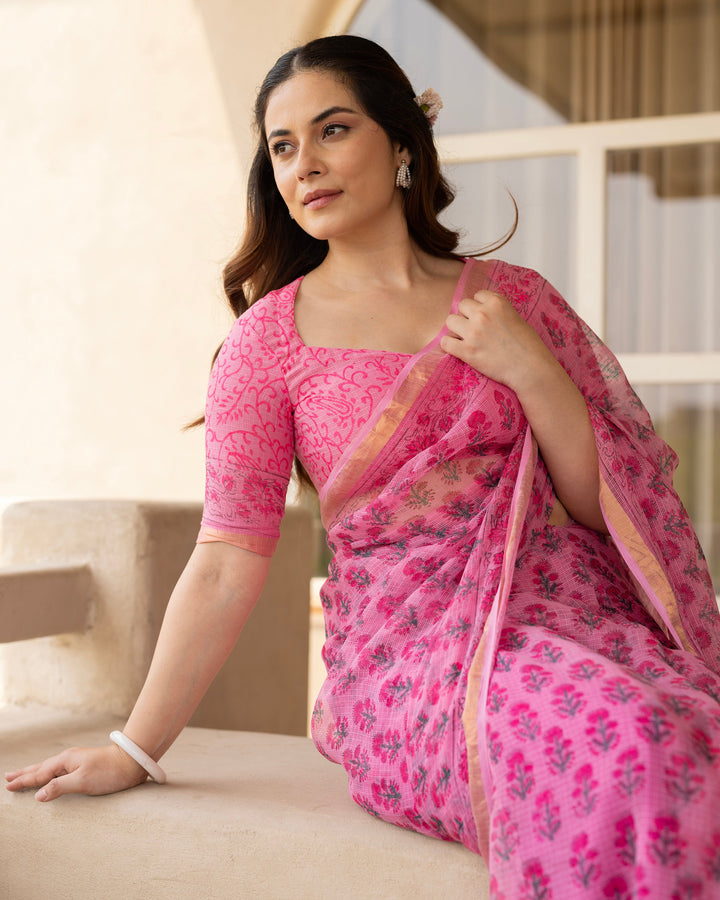 Rose Pink Doria Printed Saree