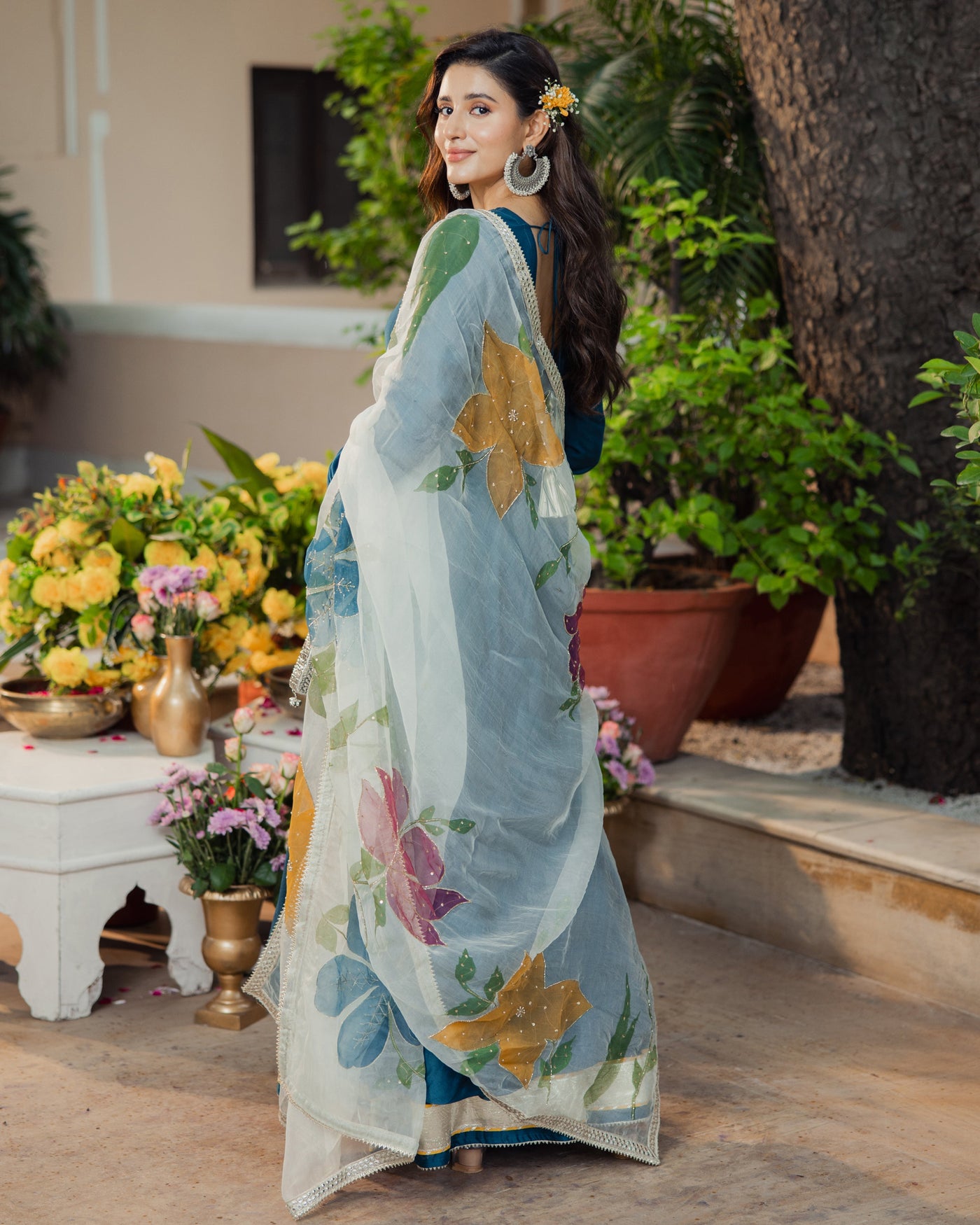 Neelkamal Teal Blue Handpainted Chanderi Suit Set