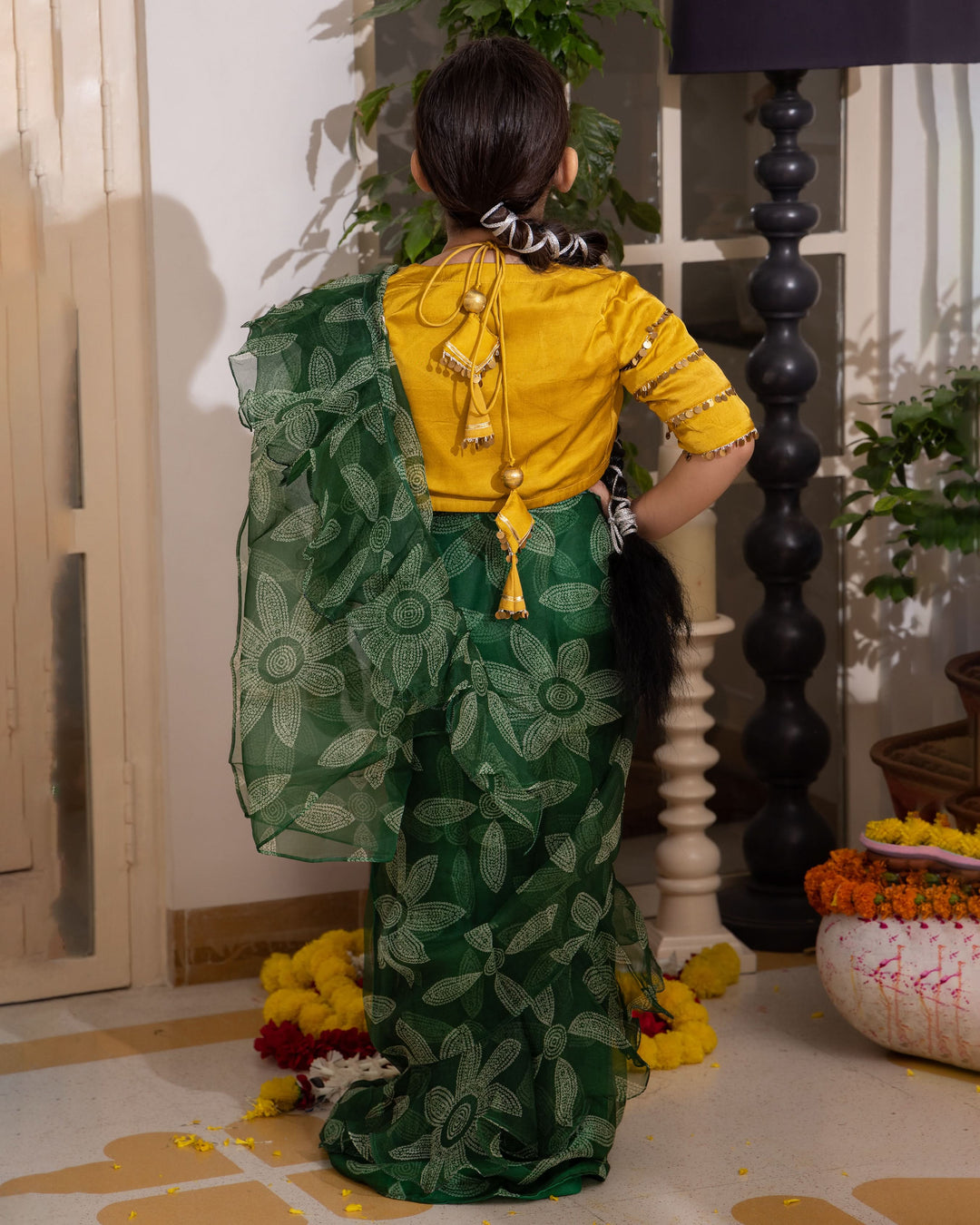 Dua Green Bandhani Organza Pre Draped Saree