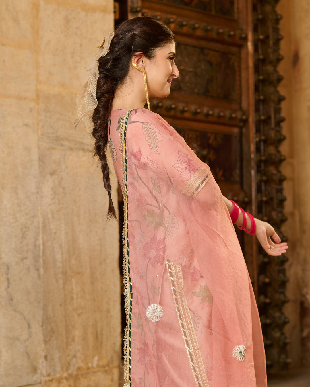 Pita Peach Printed Chanderi Suit Set