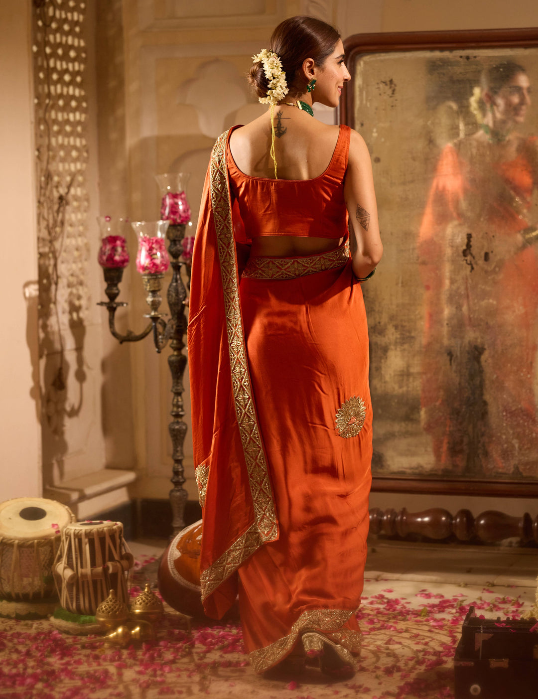 Rooh Rust Orange Handcrafted Satin Saree